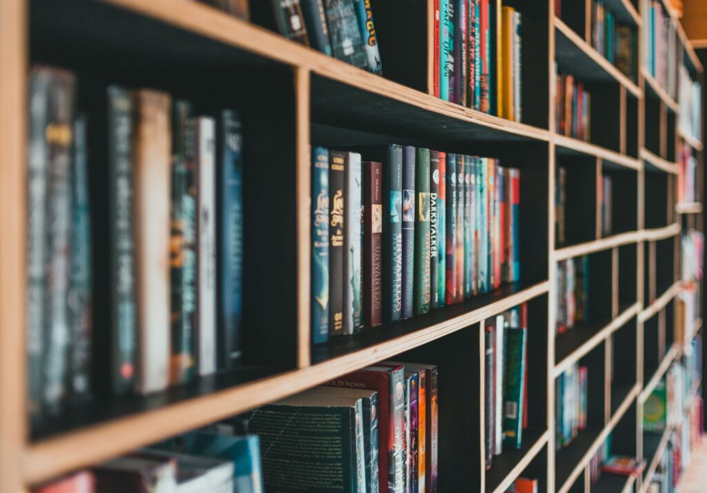Books on brown wooden shelves