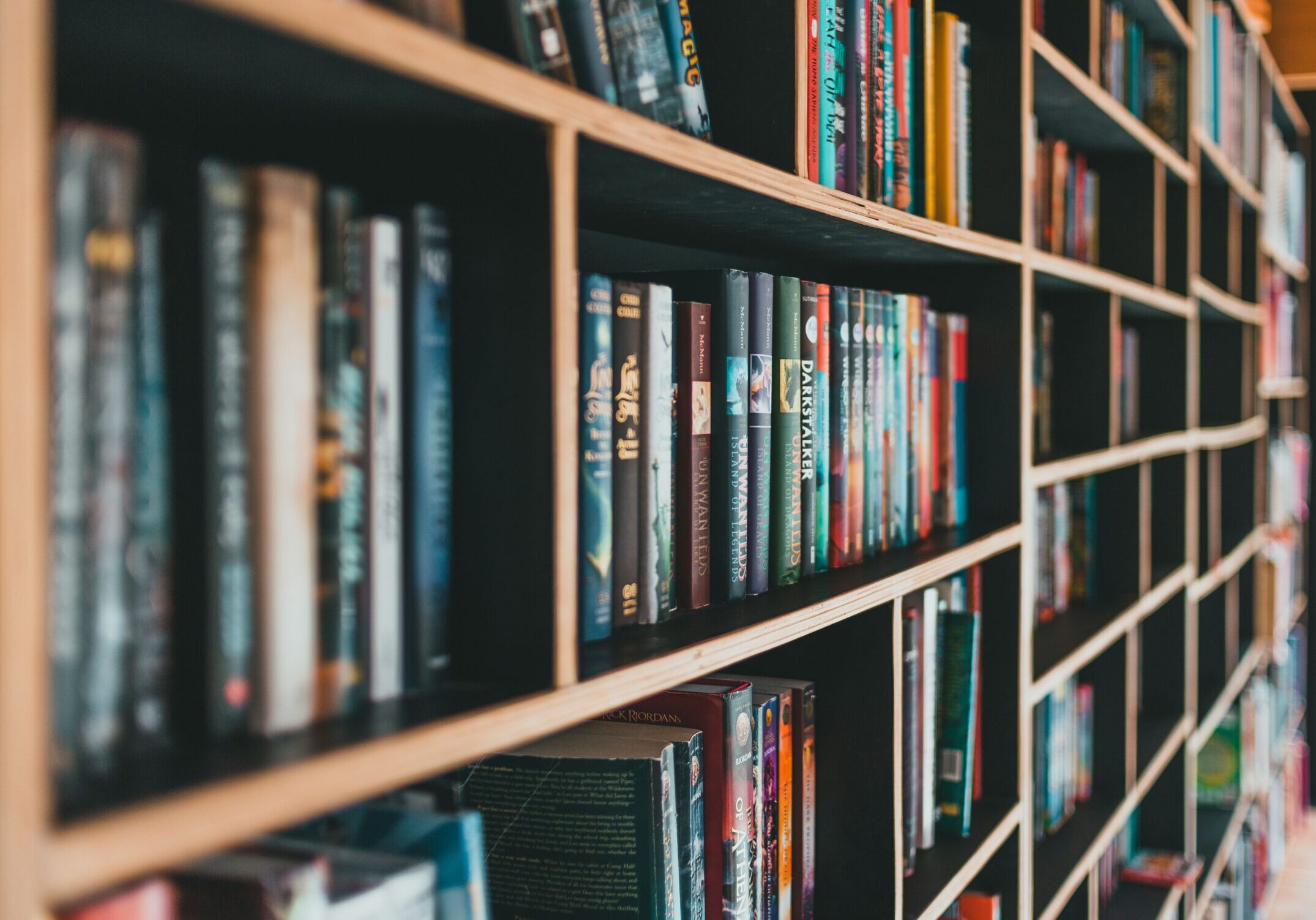 Books on brown wooden shelves